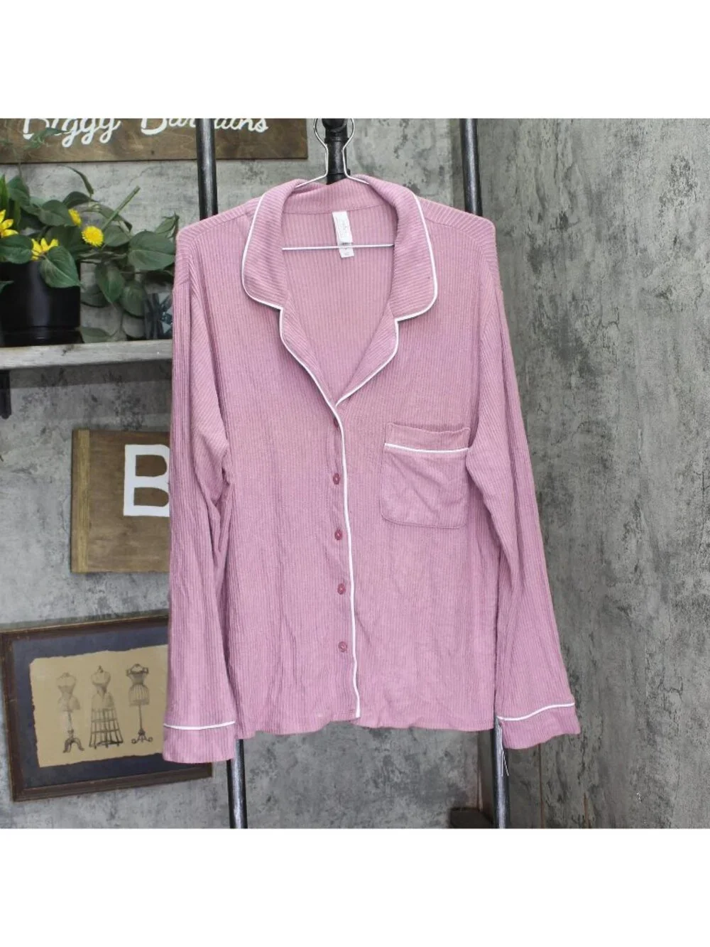 Auden Cozy Ribbed Notch Collar Long Sleeve Pajama Top 94437831 Pink XL